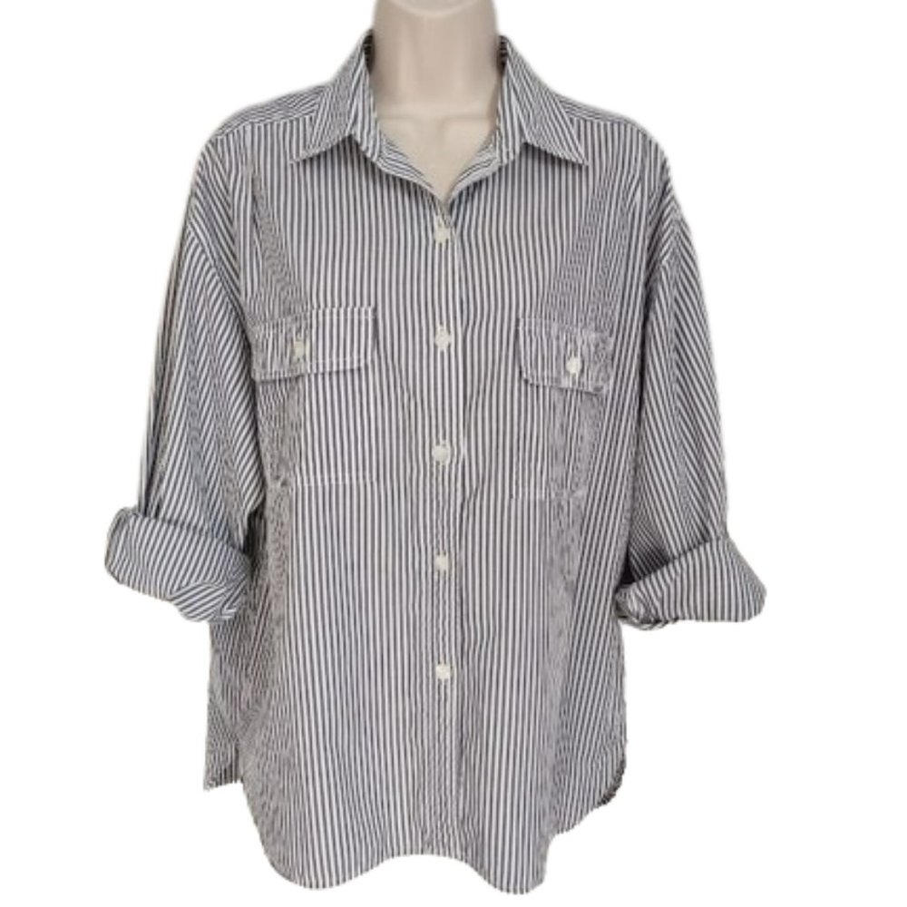 Vintage 80s Chaus Oversized Button Up Shirt Striped Long Sleeve Large